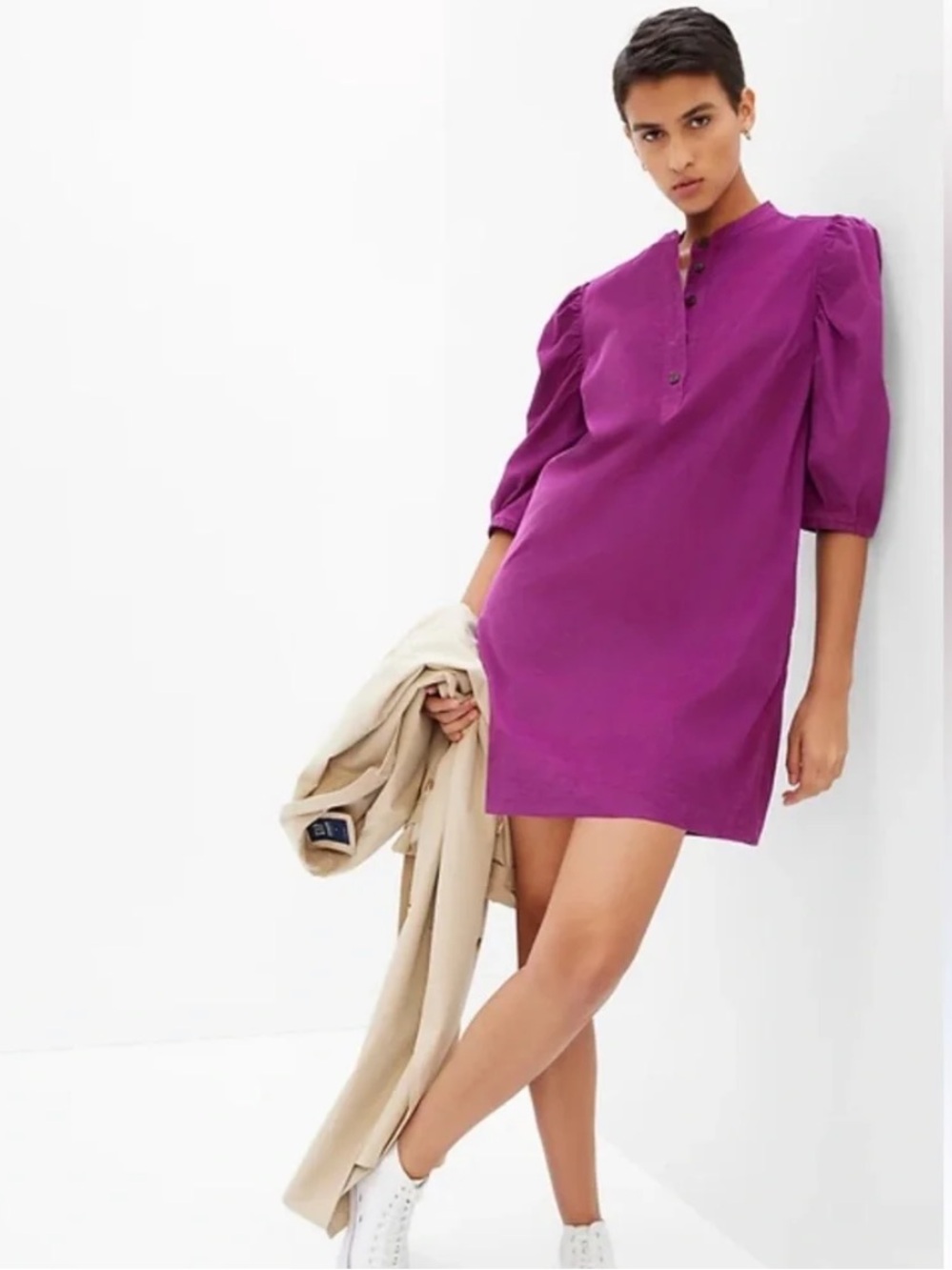 NWOT GAP Magenta Corduroy Puff-Sleeve Mini Dress
